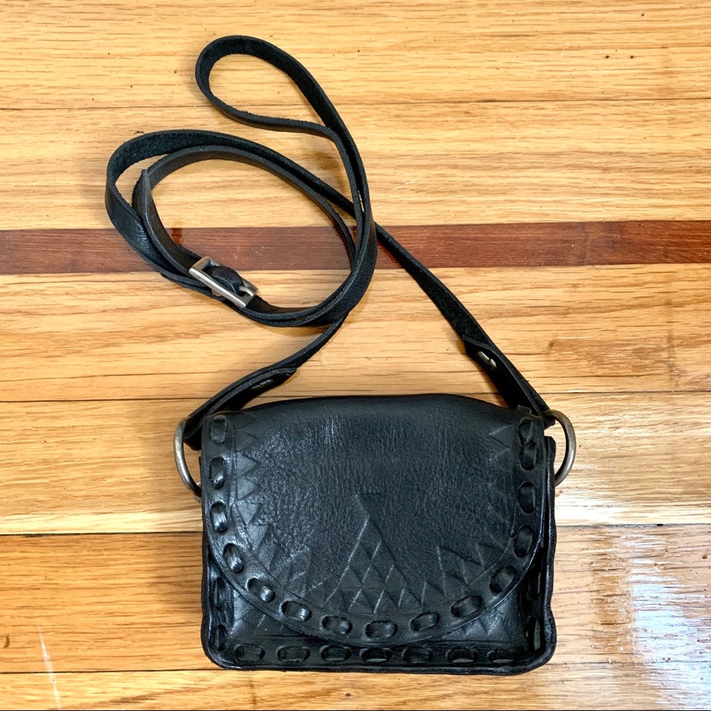 Black Leather Mini Purse - Pressed Triangle Detail